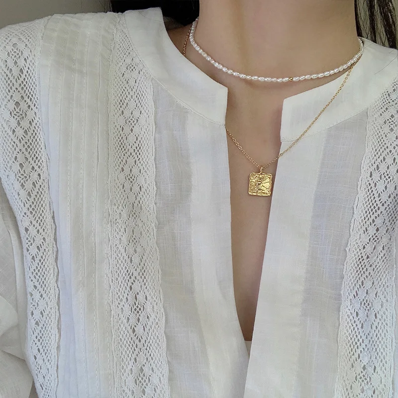 

Square necklace retro angel wing metal pendant