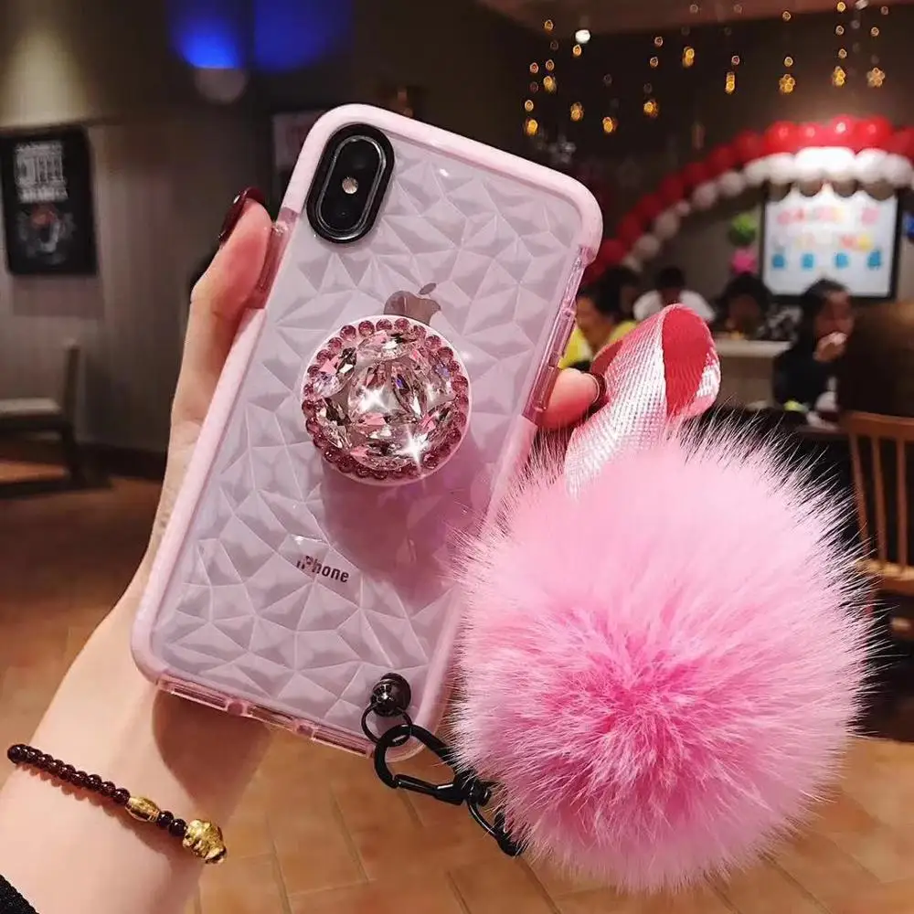 Luxury Diamond Kickstand Case For samsung note10 s8 s9 s10 A10 A30 A50 Fur Ball Rhinestone Case