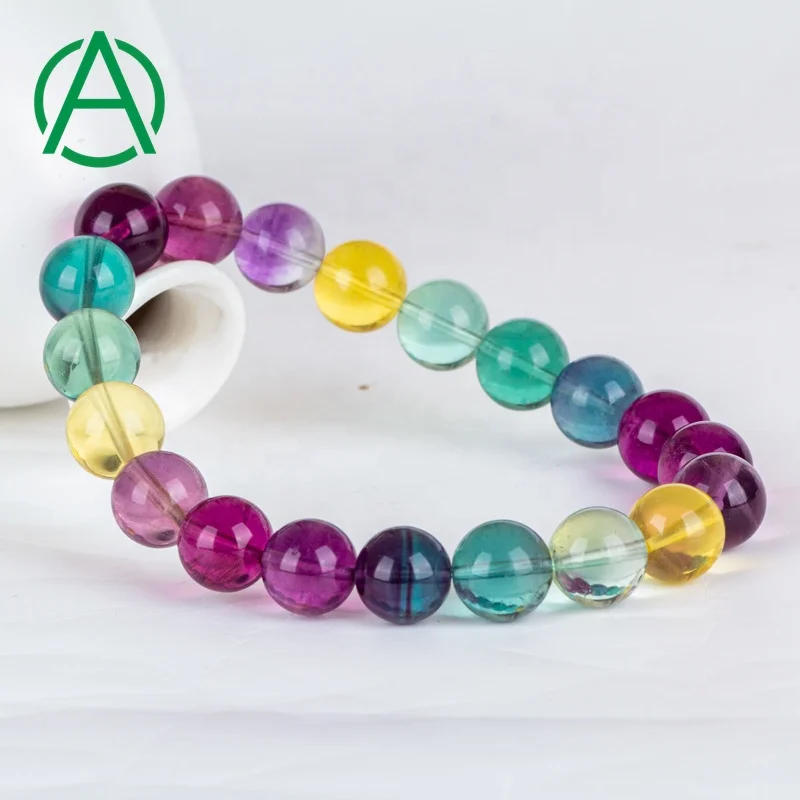 

ArthurGem Wholesale Unisex 7" Handmade Bracelet Natural Clear Colorful Fluorite Gemstone Beads Stretch Bracelet, 100% natural color