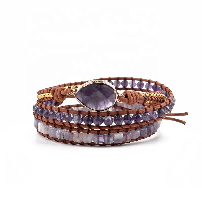 

2021 Charm Fashion Jewelry Amethyst Natural Stone Bead Handmade Leather Bracelet Handmade Drop Shipping, Multi-colors