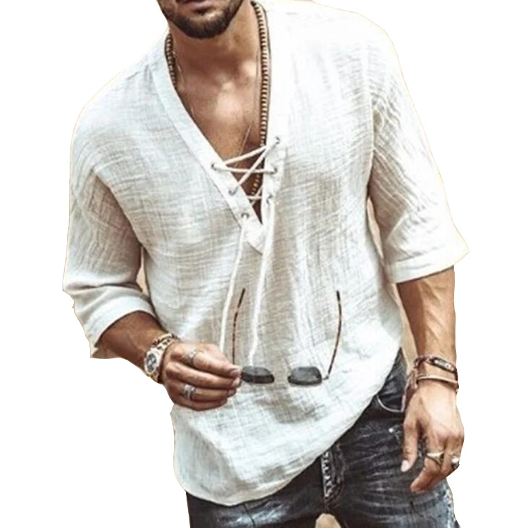 

Men Fashion Hippie Linen Shirt Casual Middle Sleeve V Neck Summer Beach Loose Tee Tops Solid Color T shirts