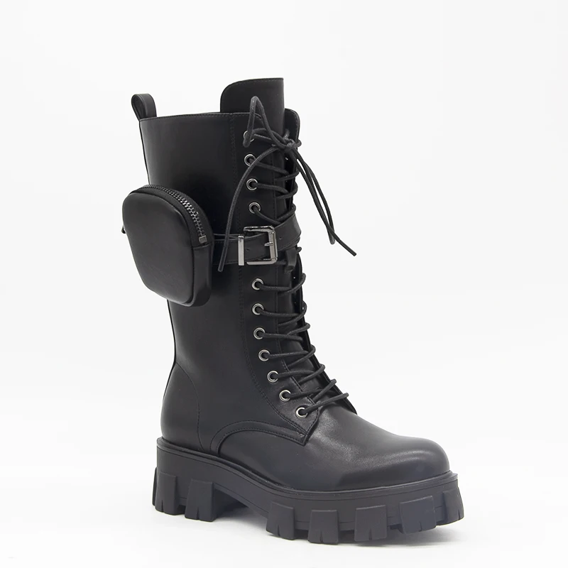 

2020 women mid calf popular women shoes fashion design with pocket lace up platform young lady boots, Black/beige