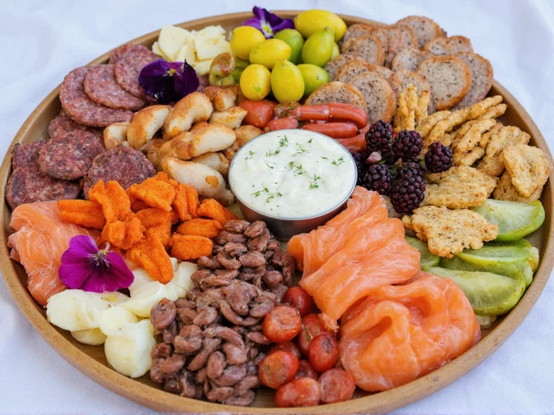 Coastal themed charcuterie board with salmon and edible flowers