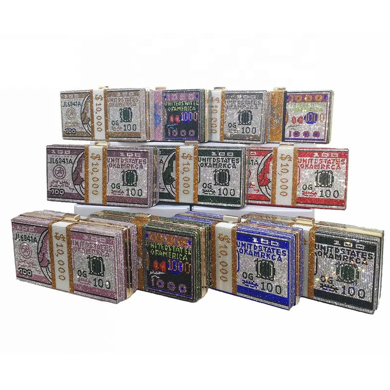 

2021 Unique diamond Rhinestone money clutch purse ladies bling glitter 1000 dollars evening bag, Black, brown, pink