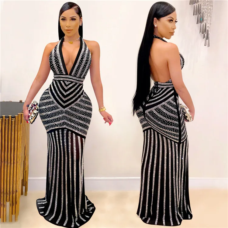 

Fashion Ladies Sexy Backless Dress Sleeveless Rhinestone Club Cocktail Autumn Women Maxi Dresses, Picture shown