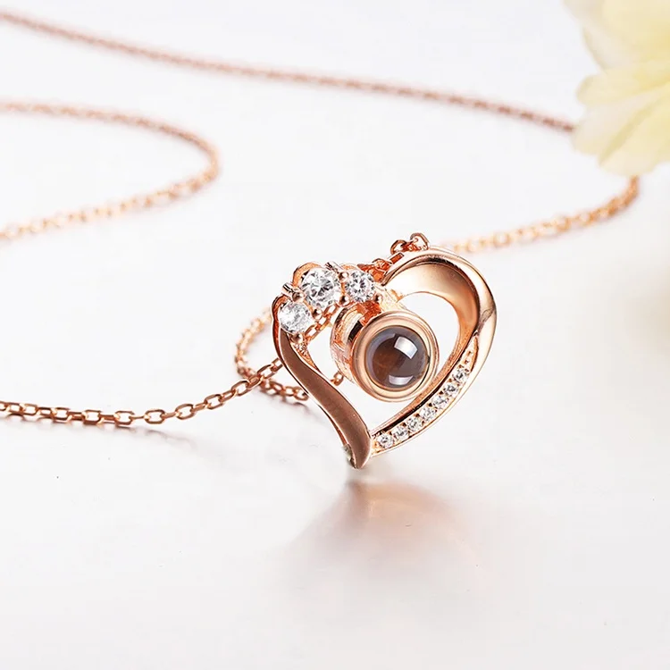 

High Quality 100 Languages Rose Gold I Love You Pendant Projection Couple Heart Necklace