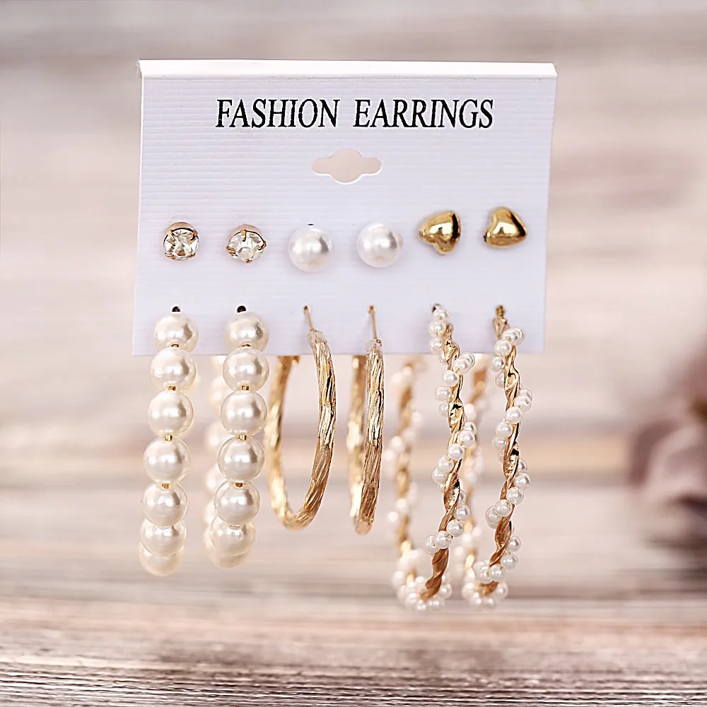 

5171 Oversize Geometric Pearl Hoop Women Earrings Gold Twist Earring Set Brincos Big Circle Leopard Fashion Jewelry