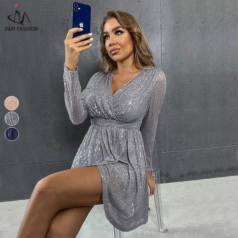 

D&M 2022 New Autumn Sexy Cute Long Sleeve V-neck Asymmetrical A Line Mini Casual Sequined Dress for Women's Vestido Mujer