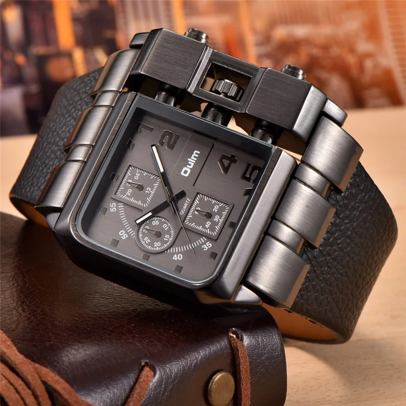 

Oulm 3364 trending brown man quartz watch futuristic Genuine Leather Strap square Chronograph character Casual wristwatch