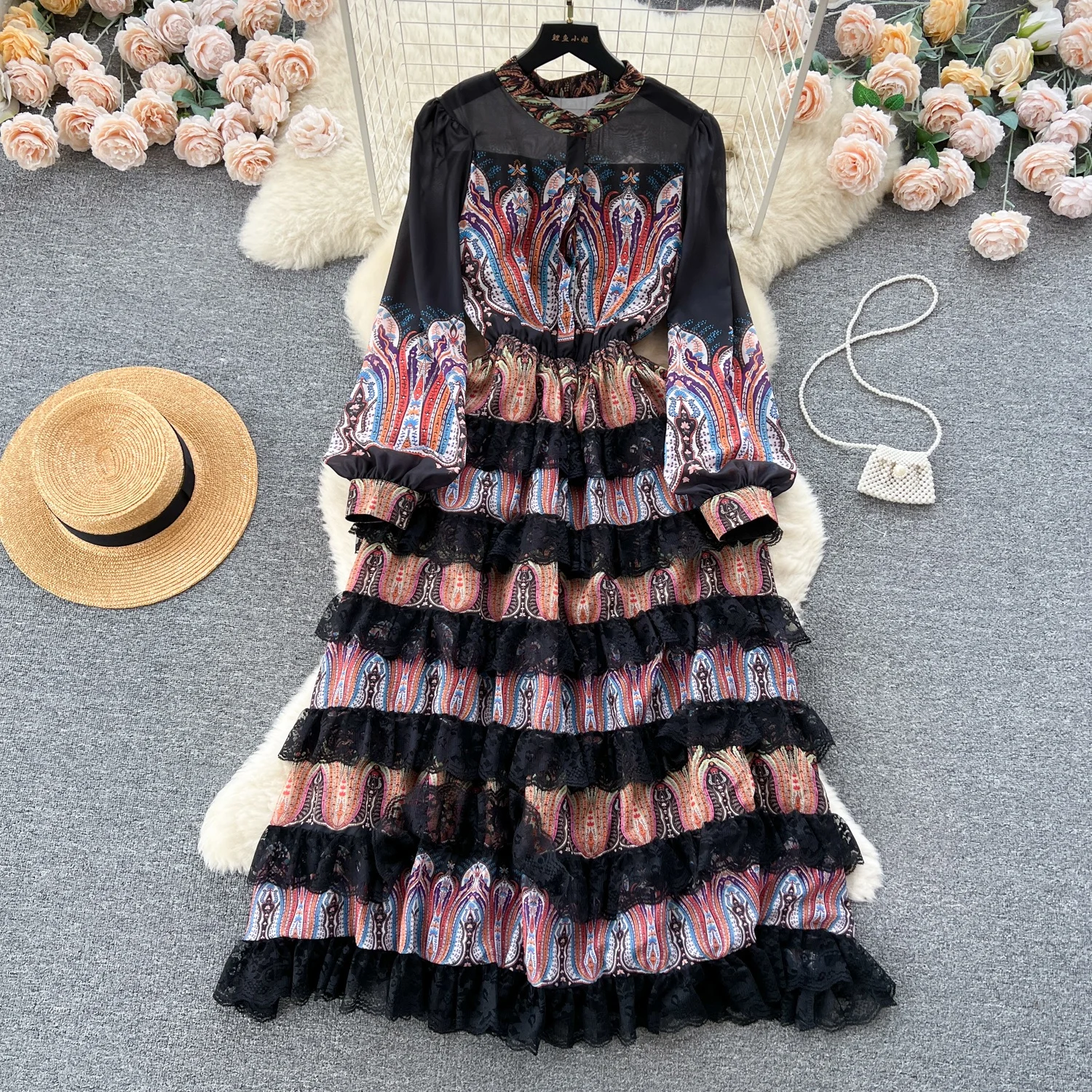 

Splicing Heavy Industry Simulation Silk Positioning Oil Painting Printing Waist Closing Temperament Cake Dress