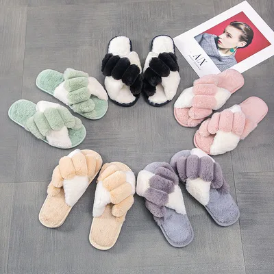 

Custom Winter Furry Thick bottom Slide Women's Sandals Luxury Fashion Faux Fur Slide Vegan House Indoor Women's Slippers, 5 colors