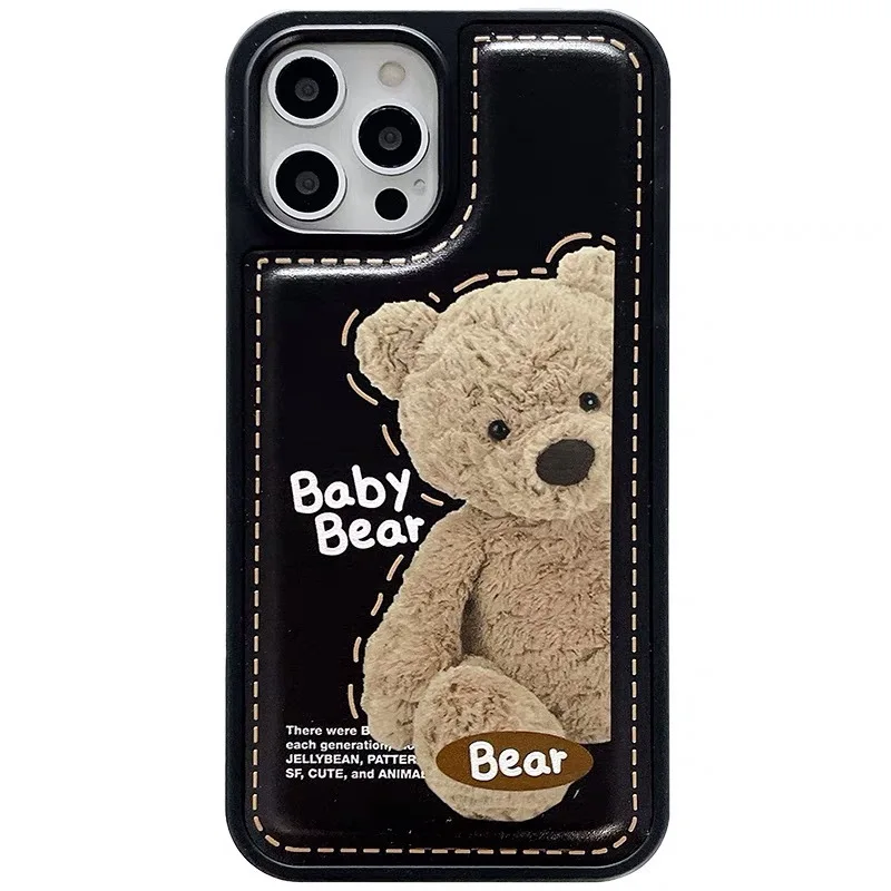 

Ins Bear Leather Mobile Phone Cases Sewing Leather Back Cover Case for iPhone 13/13 Pro/13 Pro Max