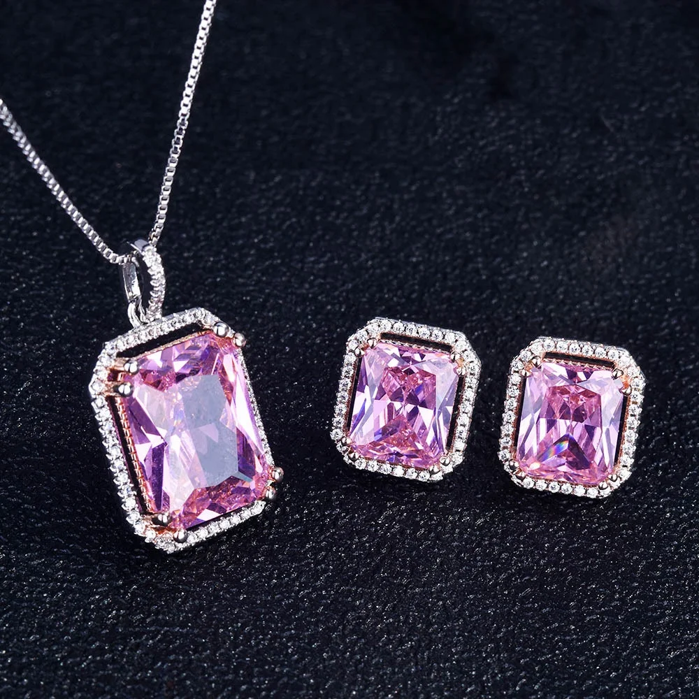 

Luxury Jewelry Sets Europe America Fashion Square Pink Crystal Zircon Pendant Necklace Women Elegant Wedding Rings, Customized color