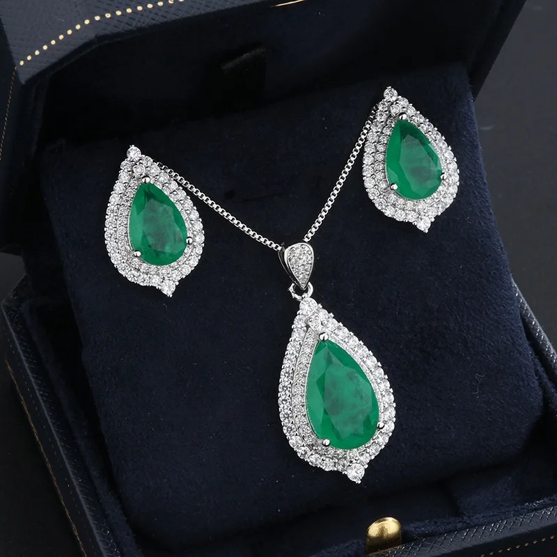 

Women Created Emerald zircon water drop stone Earrings necklace and ring silver color jewelry set for ladies party gift, Customized color