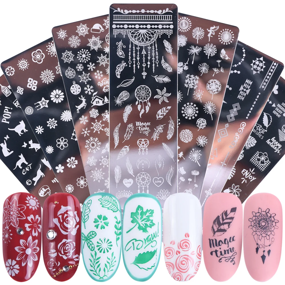 

Feather Stamping Plates Nail Stamp Template Kit DIY Stainless Steel Flower Leaf Butterflies Snowflake Nail Art Templates