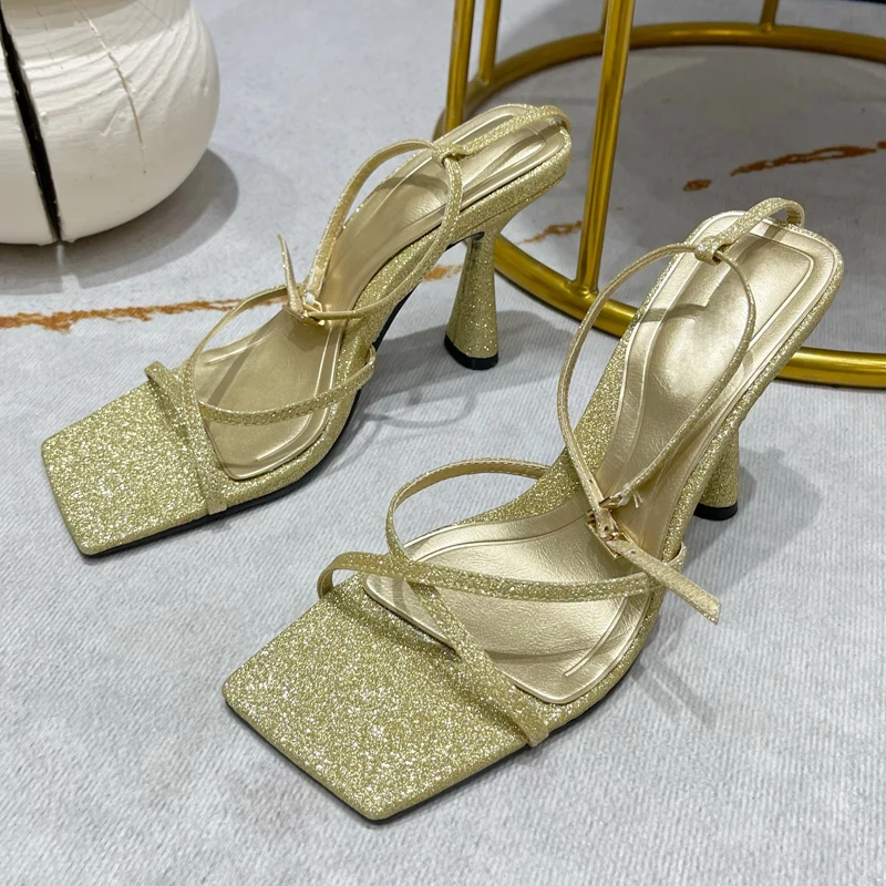 

Street Style Square Toe Bling Sequins Women Sandals Sexy Solid Color Summer Buckle Strap Party Ladies High Heel casual Shoes