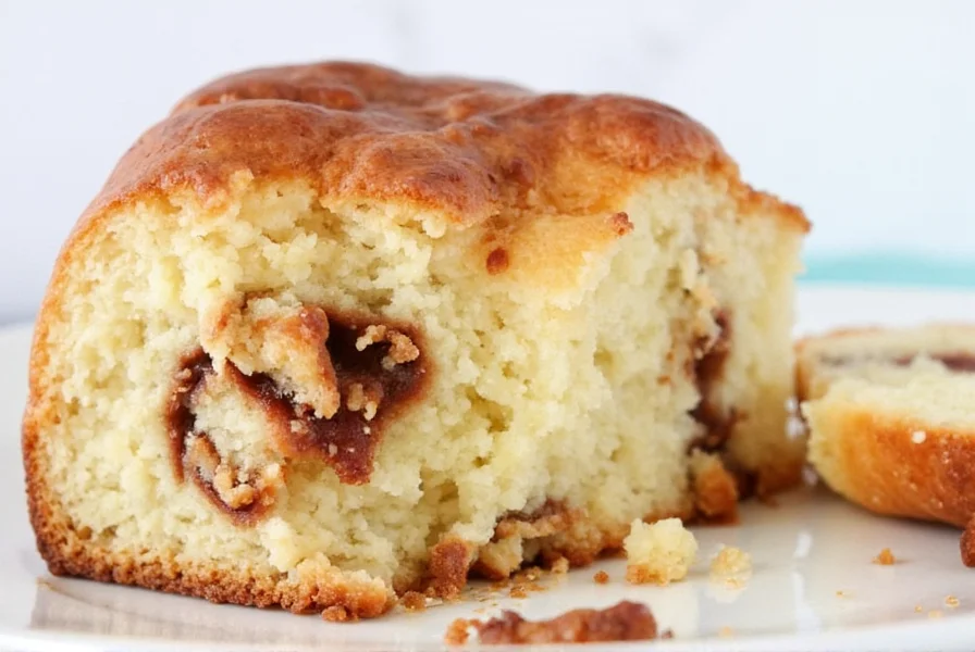 Perfectly baked cinnamon bun cake with cream cheese frosting drizzled on top, showing visible cinnamon swirls in a 9x13 baking pan