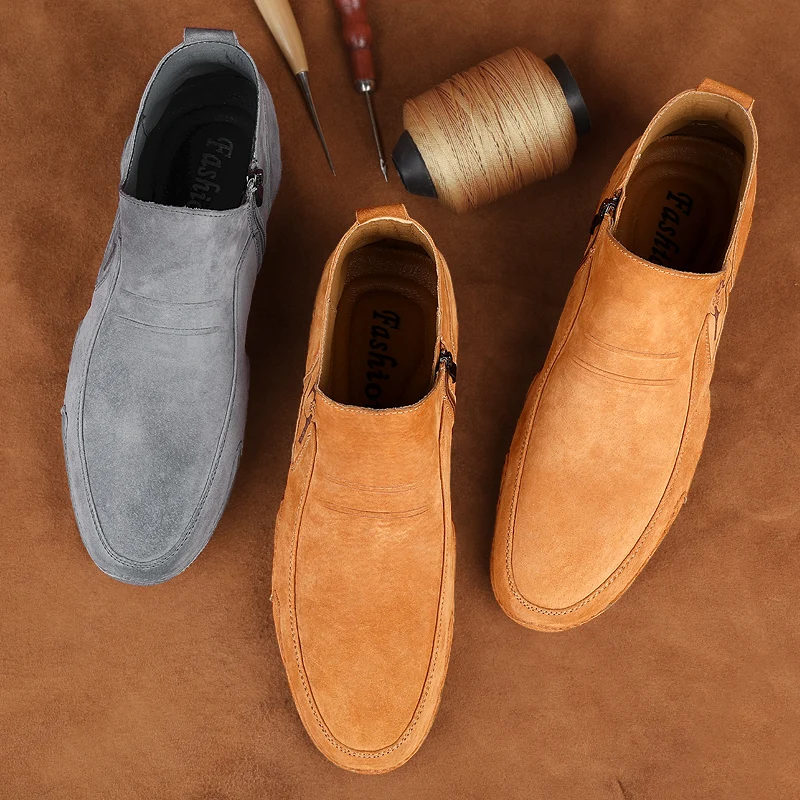 

High Quality Men's British Leather Shoes Handmade Loafers Lightweight Walking Driving Shoes Moccasins Slip On Suede Casual Shoes, Golden/gray