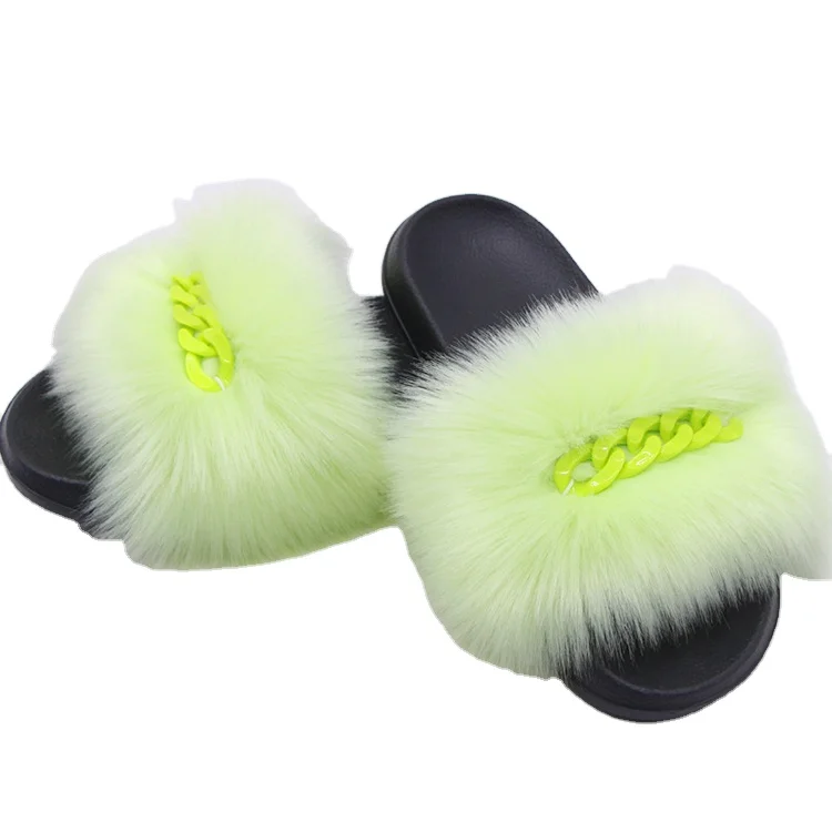 

Fashion Summer Slides Fuzzy Fur Slippers Women Open Toe Metal Chain Cute Furry Slipper, Optional