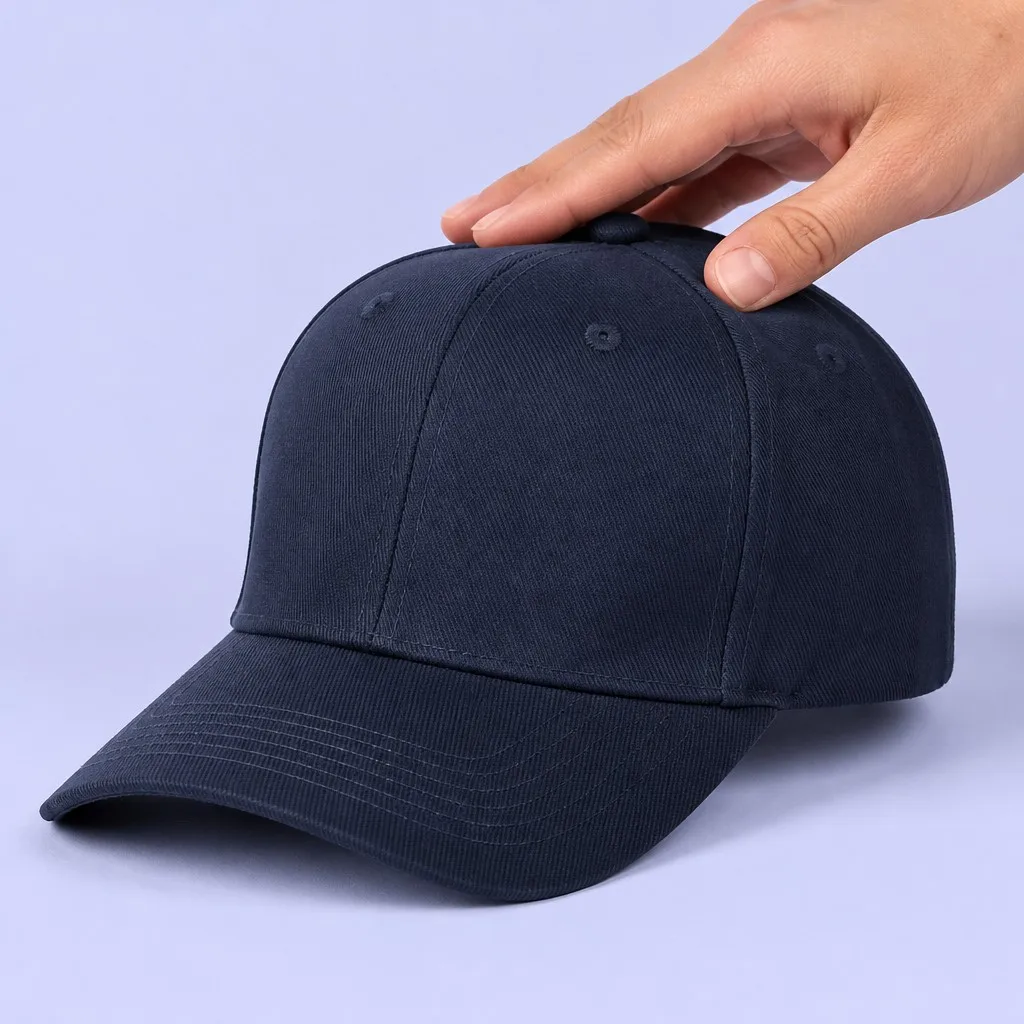 Hand Pressing Down on Structured Navy Cotton Baseball Cap Demonstrating Instant Elastic Recovery
