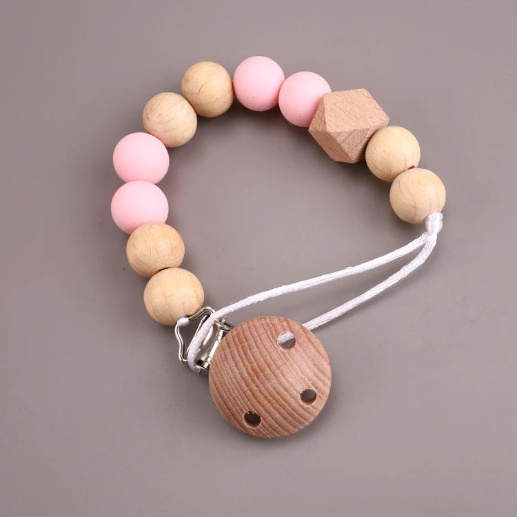 

New style simple beech wooden baby teether pacifier clip silicone pacifier chain Molar Toy Anti-Drop Chain