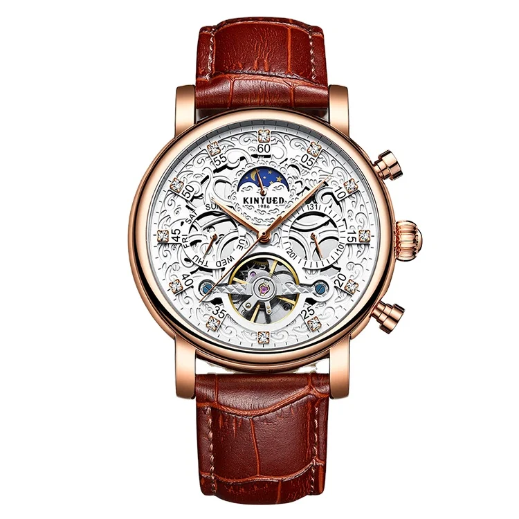 

KINYUED Factory brand J026 Luxury Watch Mechanical Moon Phase Calendar High Quality Automatic Tourbillon Mechanical Man Watch