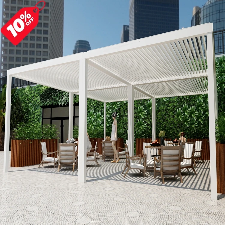 

3x3m Sun Shade Remote Control Electric Aluminum Outdoor Pergola Modern Pergola Motorized Louver Waterproof, White/dark grey