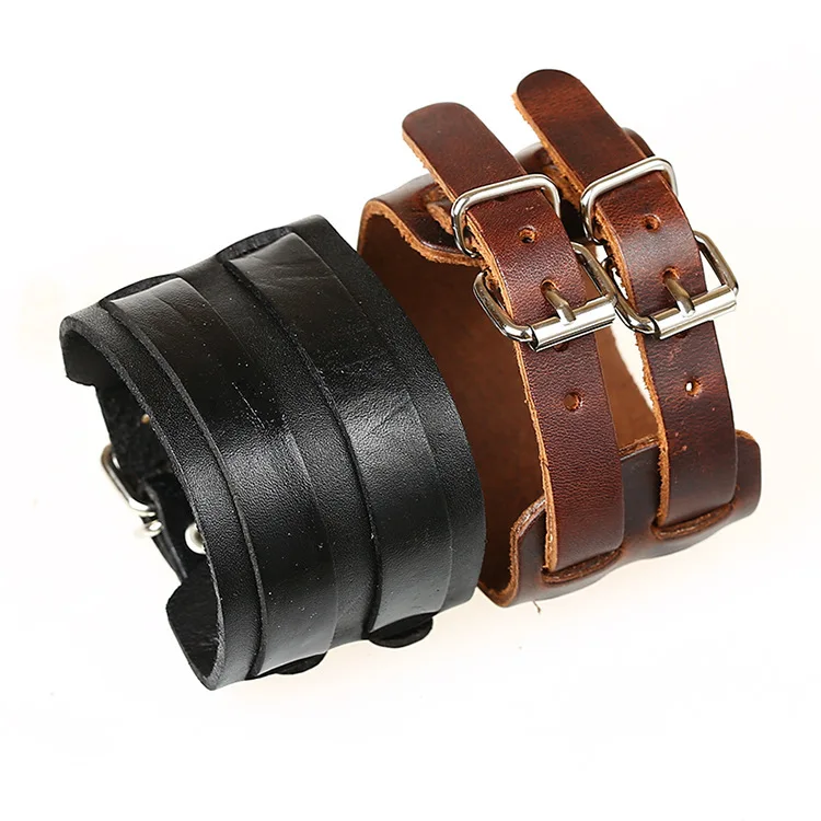 

Vintage Punk Style Handmade Leather Bracelet Jewelry Genuine Cowhide Leather Double Buckle Bracelet For Women Men