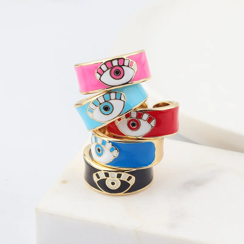 

European Hot Sale 18k Gold Plated Eyes Enamel Ring Colorful Oil Drip Evil Eyes Open Ring For Women Men