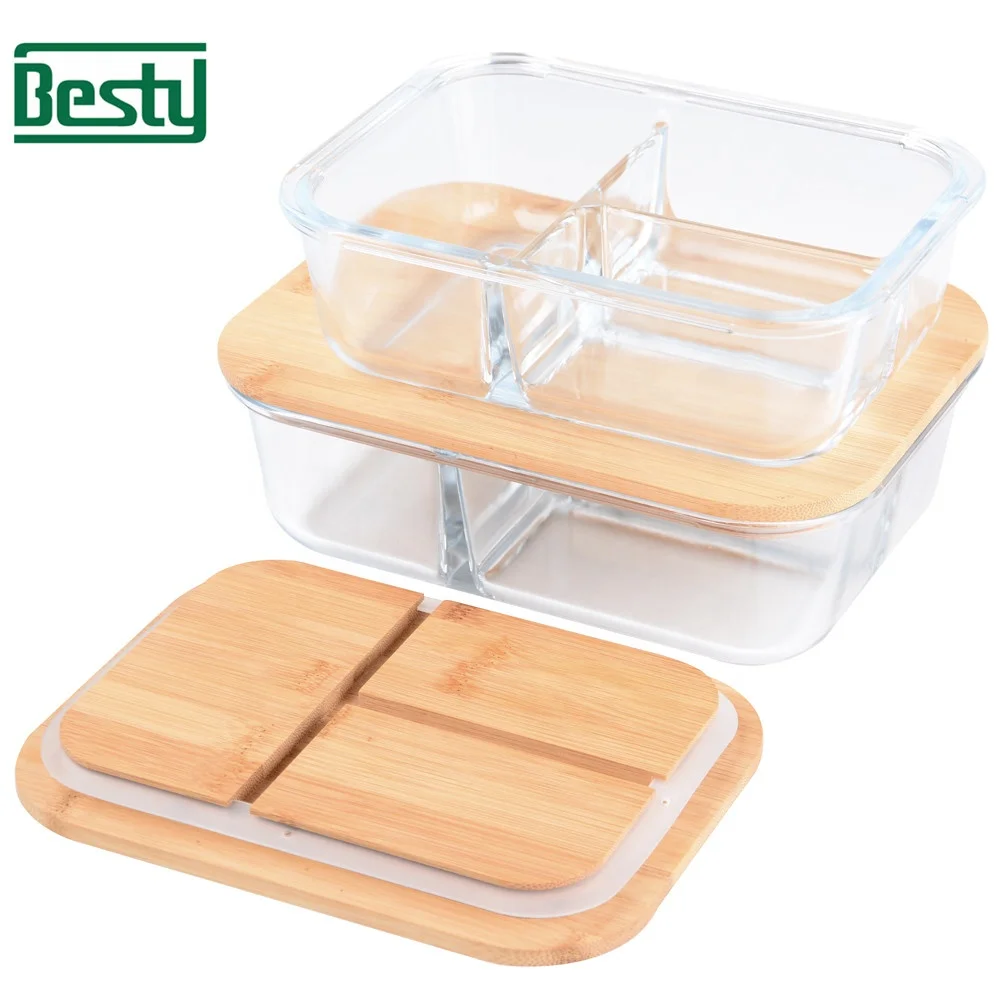 New design 3 compartment Glass Food Storage Container with Airtight Bamboo lid/Bento Lunch Box