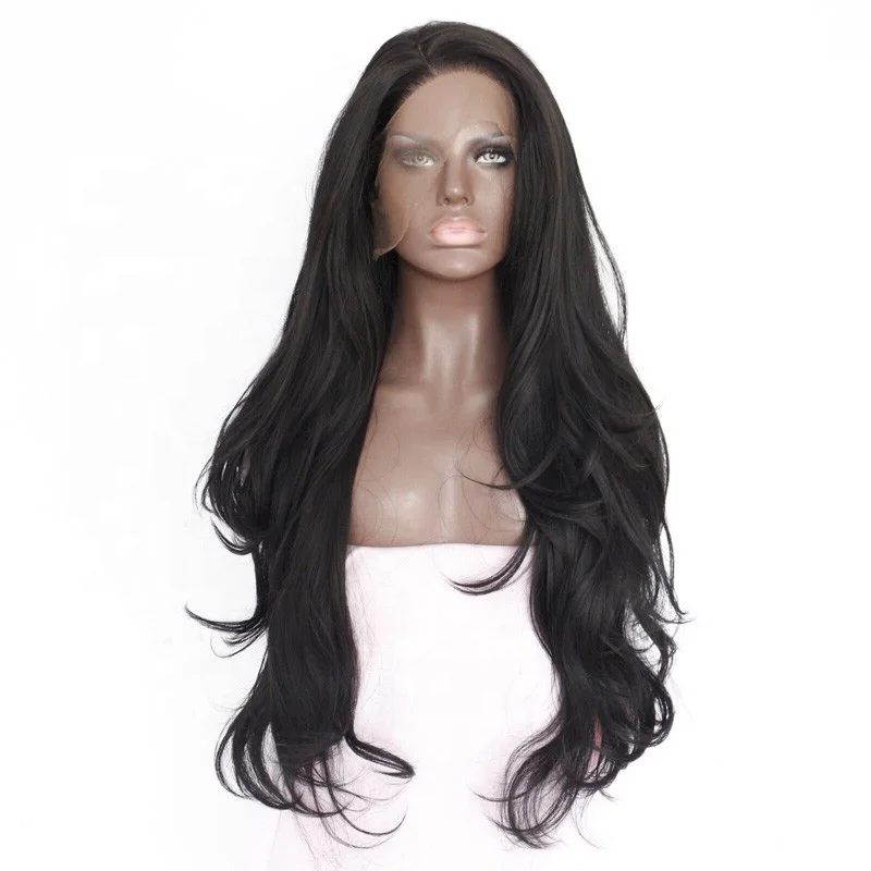 

Aliblisswig High Quality Heat OK Fiber Synthetic Lace Front Wig Glueless 24" Long Black Wavy Lace Front Synthetic Hair Wigs, 1b black lace front wigs
