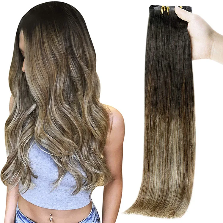 

Full Shine Remy Human Hair Extensions No Tangle No Shedding Balayage Color #1B/6/27 Invisible PU Clip in Human Hair Extensions