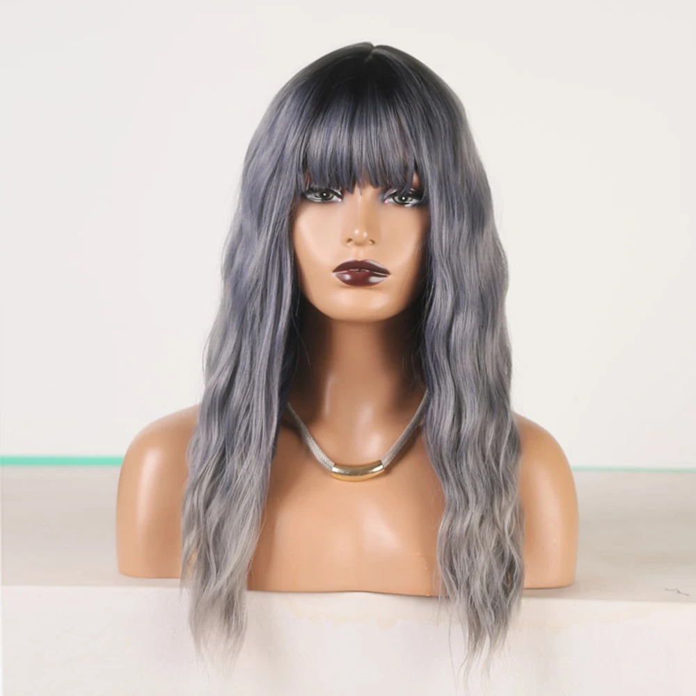 

New style female chemical fiber head cover with grey gradual change glueless human hair wigs synthetic wigs, Blue