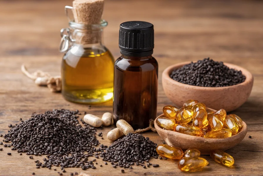 Various forms of black cumin products including whole seeds, oil bottle, and capsules arranged on a wooden table