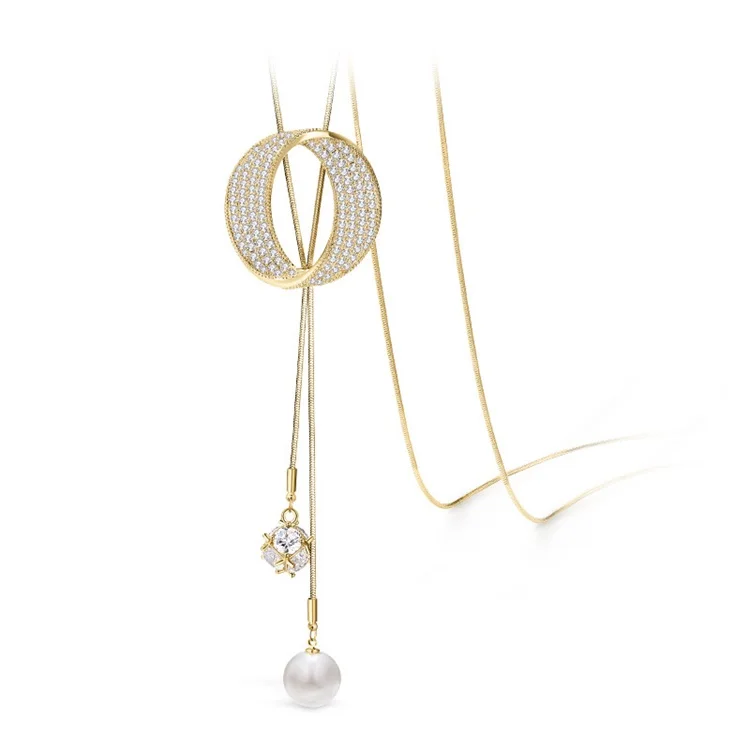 

Crystal Pearl Necklace Custom Personalized Fashionable Jewelry Clothes Chain Decorative Sweater Gold Plated Alloy Long Necklaces, Shown