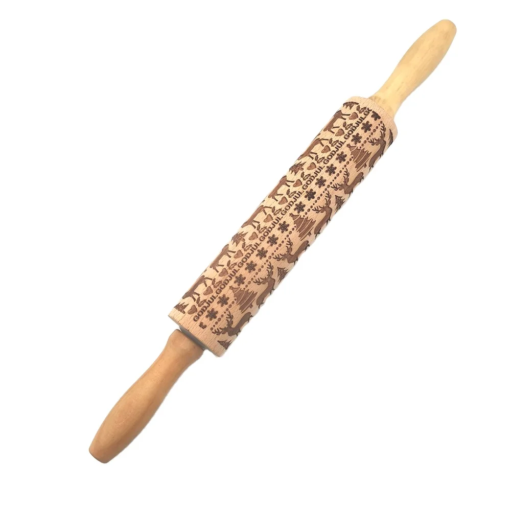 

cheap wood embossed cookie dough rolling pin with deer and snowflake pattern, Natural