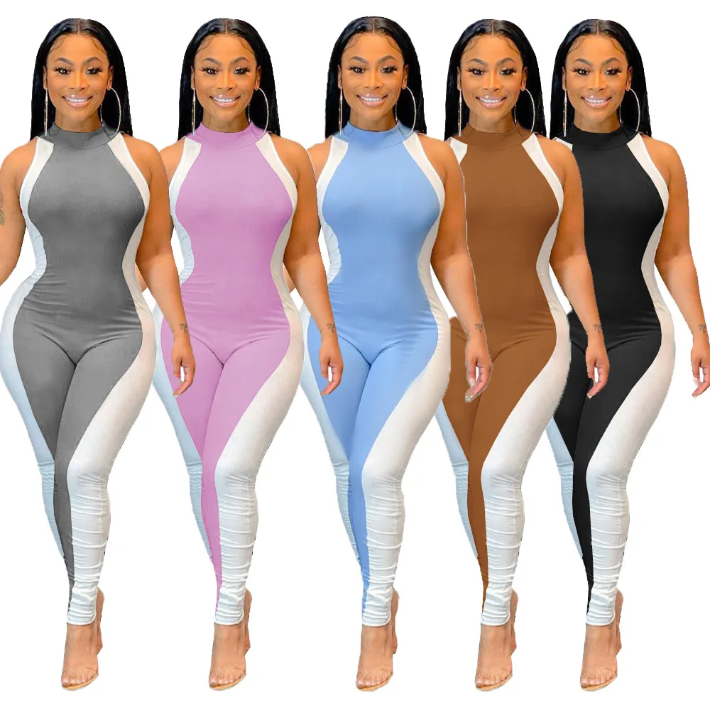 

Wholesale boutique clothing sexy stitching sleeveless naked back jumpsuit women one-piece jumpsuit
