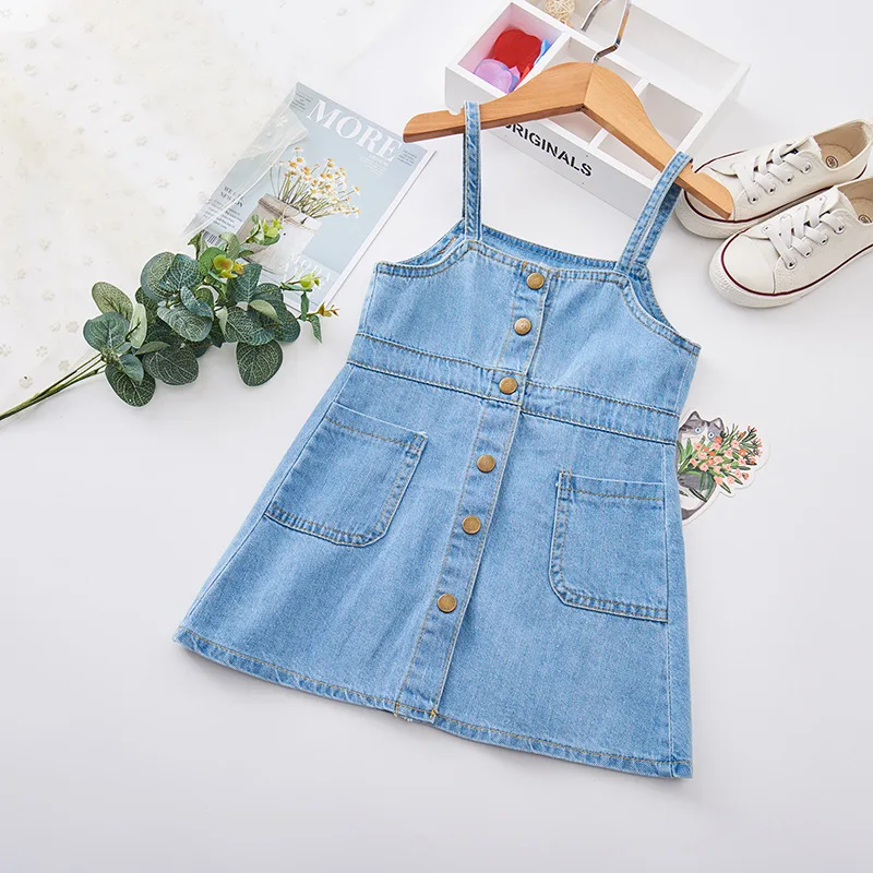 

Kids Fashion Suspenders Denim Dress Summer baby Girls Swing Skirt Trend Sleeveless Jean Dress Clothes, As picture