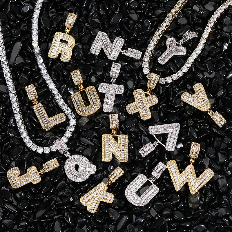 

Iced Out Baby Baguette Initial Alphabet Letters Small CZ Pendant Charm with 24inch Rope Chain Women Girls Men Hip Hop Jewelry