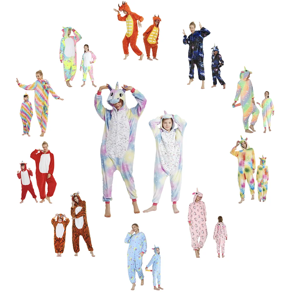 

Wholesale Flannel Mommy and Me Pijamas Kigurumi Animal Dinosaur Unicorn Anime Onesie Kids Pajamas Sleepwear Clothes