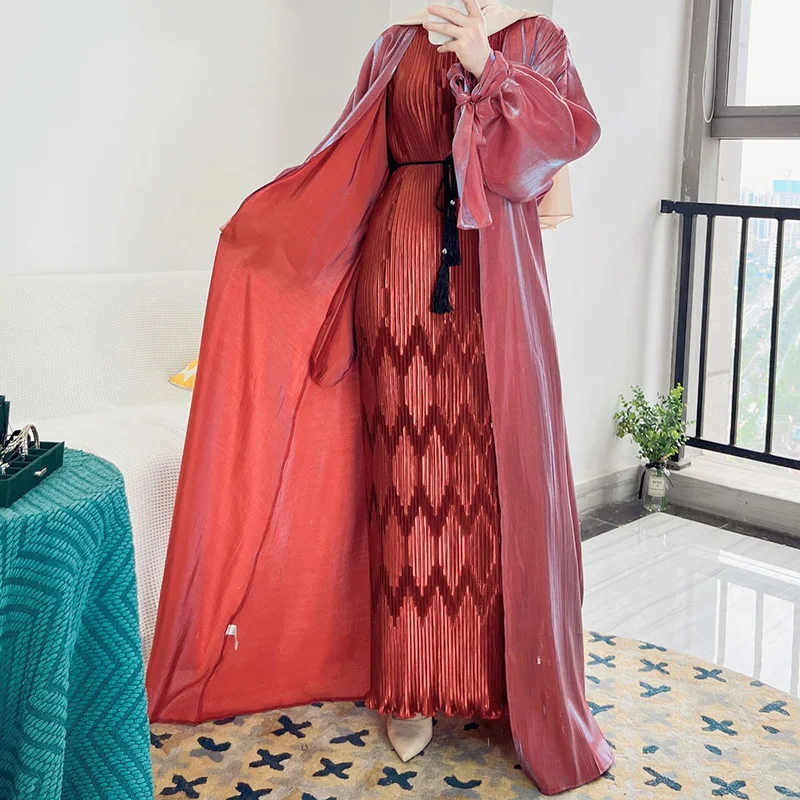 Open Abaya Dubai Kaftan Ramadan Eid Turkey Shiny Silk Cardigan Islamic Clothing Front Open Satin Abaya