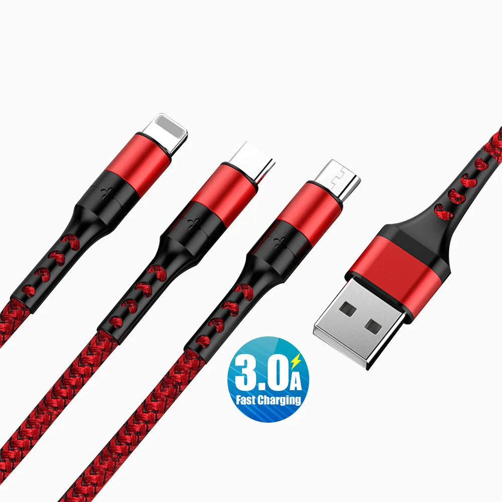 

Free Shipping 1 Sample OK 3 in 1 3A Fast Charger Cable 1.2m Universal Mobile Phone Charging Cable for iphone Type C