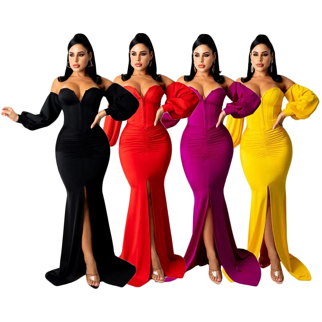 

2021 Lady Elegant Dress Solid Color Tube Long Sleeve Off Shoulder Women Party Dress Evening Prom Dresses, Yellow, orange, black, blue, sky blue