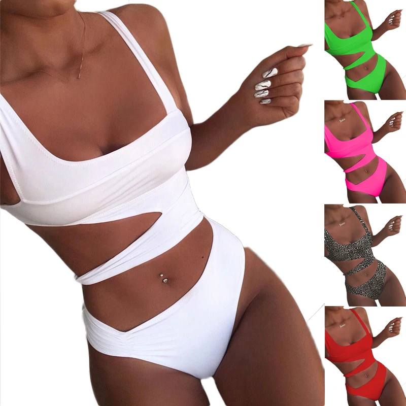 

Monokini Sexy 2021 Bandage Leopard Hollow Out Brazilian One Piece Bikini Swimwear Bathing Suit, White