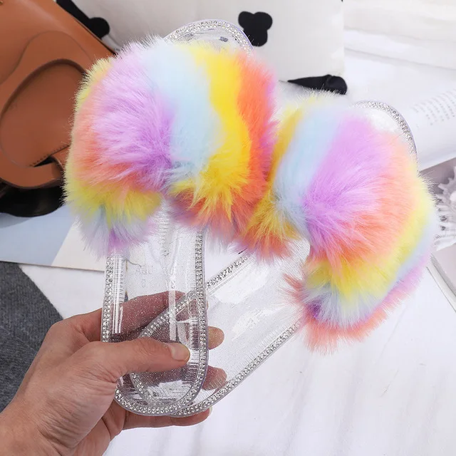 

2021 New Fashion Hot Slippers Summer faux Fox Fur colorful Female Indoor Casual Slides Flip Flops Women Fluffy Sandals, Requirement