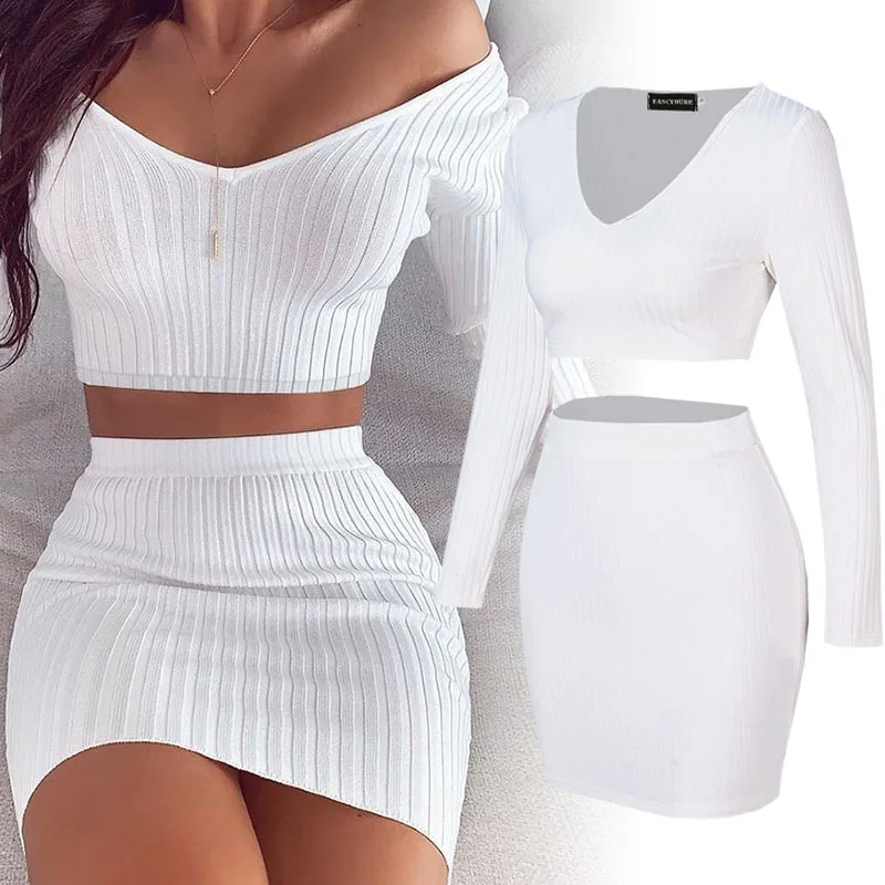 

Women Dress Sets Fashion Slash Neck Striped Knitted Ladies Dresses Spring Long Sleeve Slim Woman skirt set