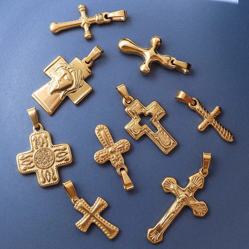 

High Quality Non Tarnish Religious Jewelry Supplies 18K Gold Plated Stainless Steel Jesus Cross Charm Pendants
