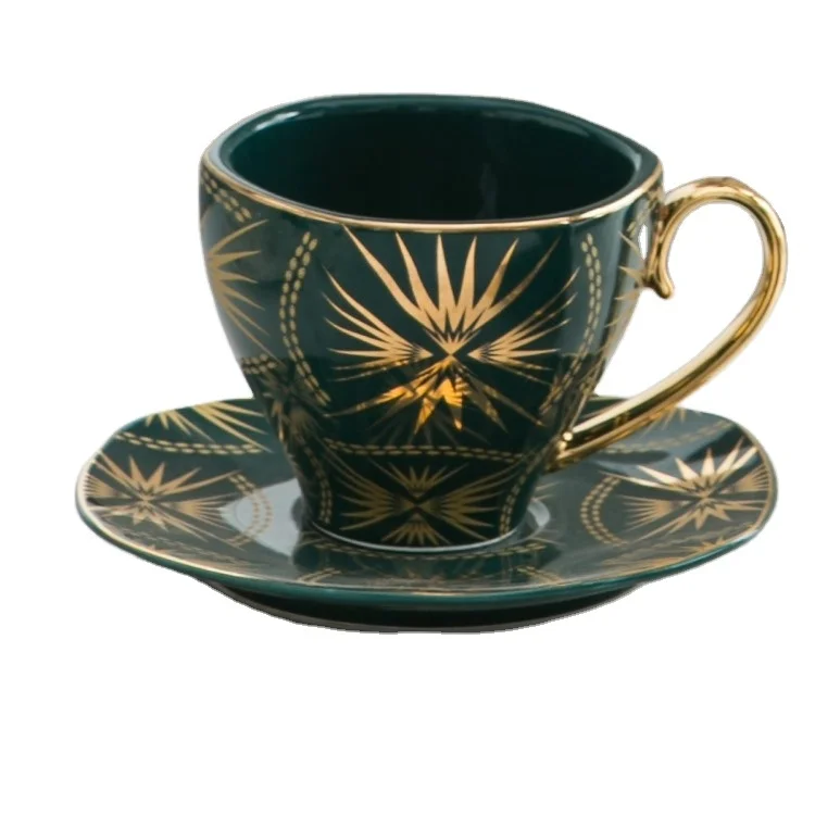 

HY Nordic Luxury Coffee Cup And Saucer Set With Gold Handel Porcelain Cappuccino Afternoon Tea Cup Tea Set With Gift Box