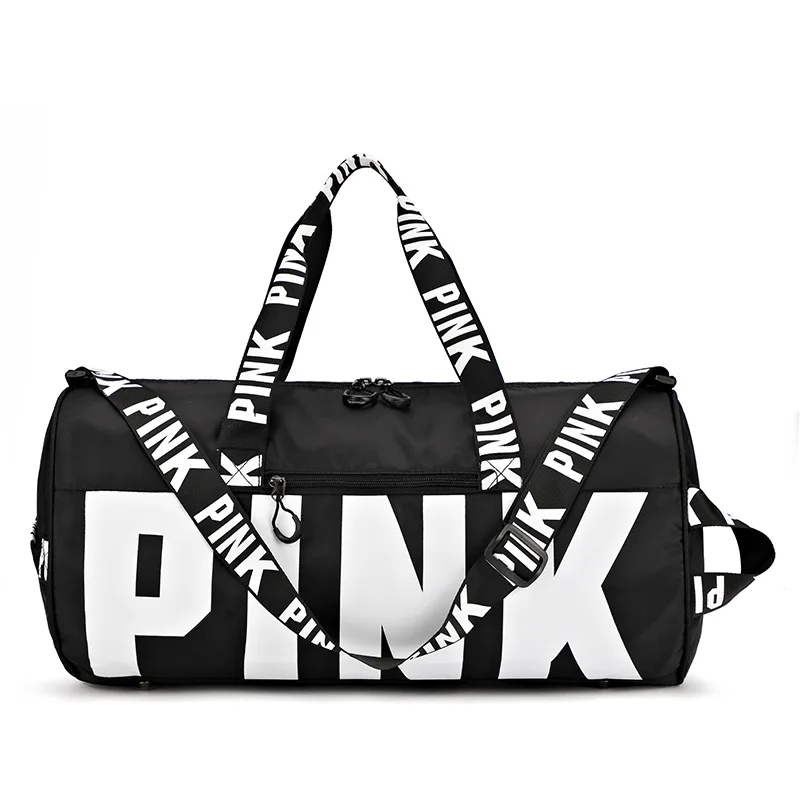 

Classic logo fashion pink sports gym duffle bag weekender large waterproof travelling bags for women Pink zipper Travel Bag