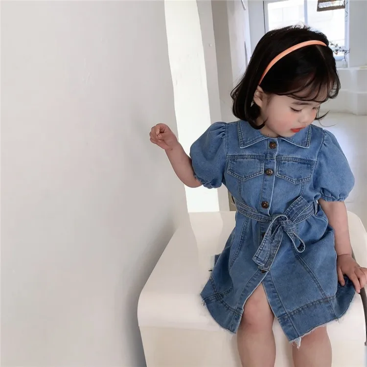 

New 2021 Girls Summer Dress Kids Short Sleeve Denim Dress With Belt Korean Girls Clothes